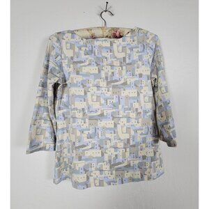 J.McLaughlin Beige & Blue Abstract Print 3/4 Sleeve Boat Neck Top Small Stretch